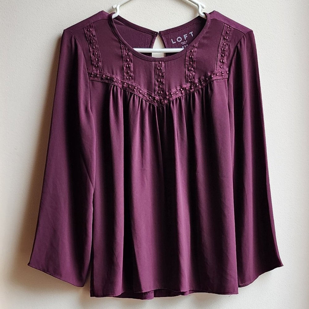 LOFT Deep Purple Lace Front Blouse Size XS Petite - Picture 1 of 15